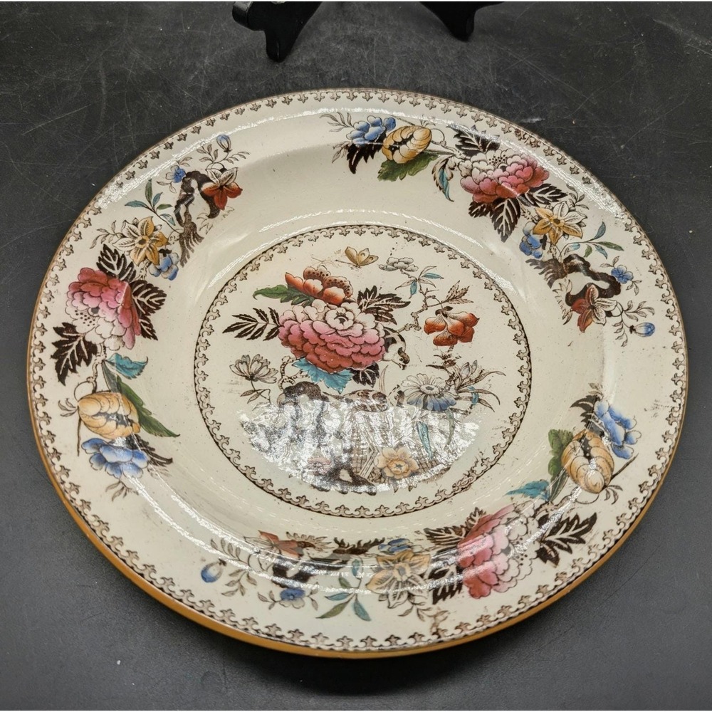 Antique Wedgwood Bullfinch Ironstone Polychrome Floral Transferware Soup Bowl
